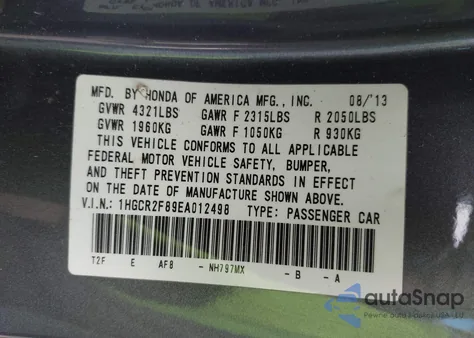 2014 Honda Accord Ex-L из США, поврежденный, VIN 1HGCR2F89EA012498